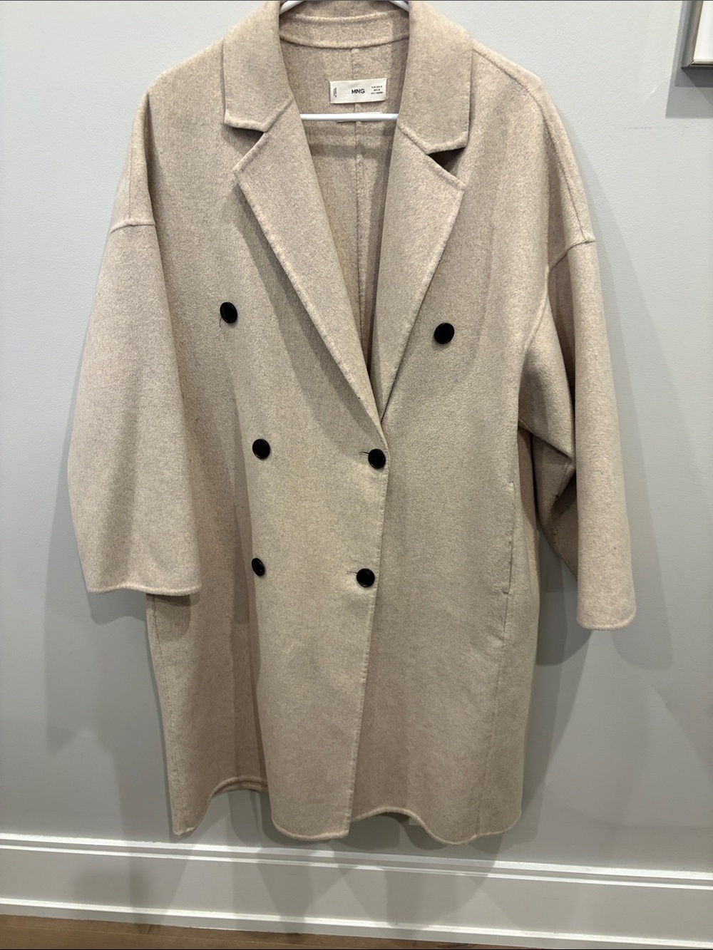 Mango Double-Breasted Oversized wool blend Coat in Beige with Black Buttons